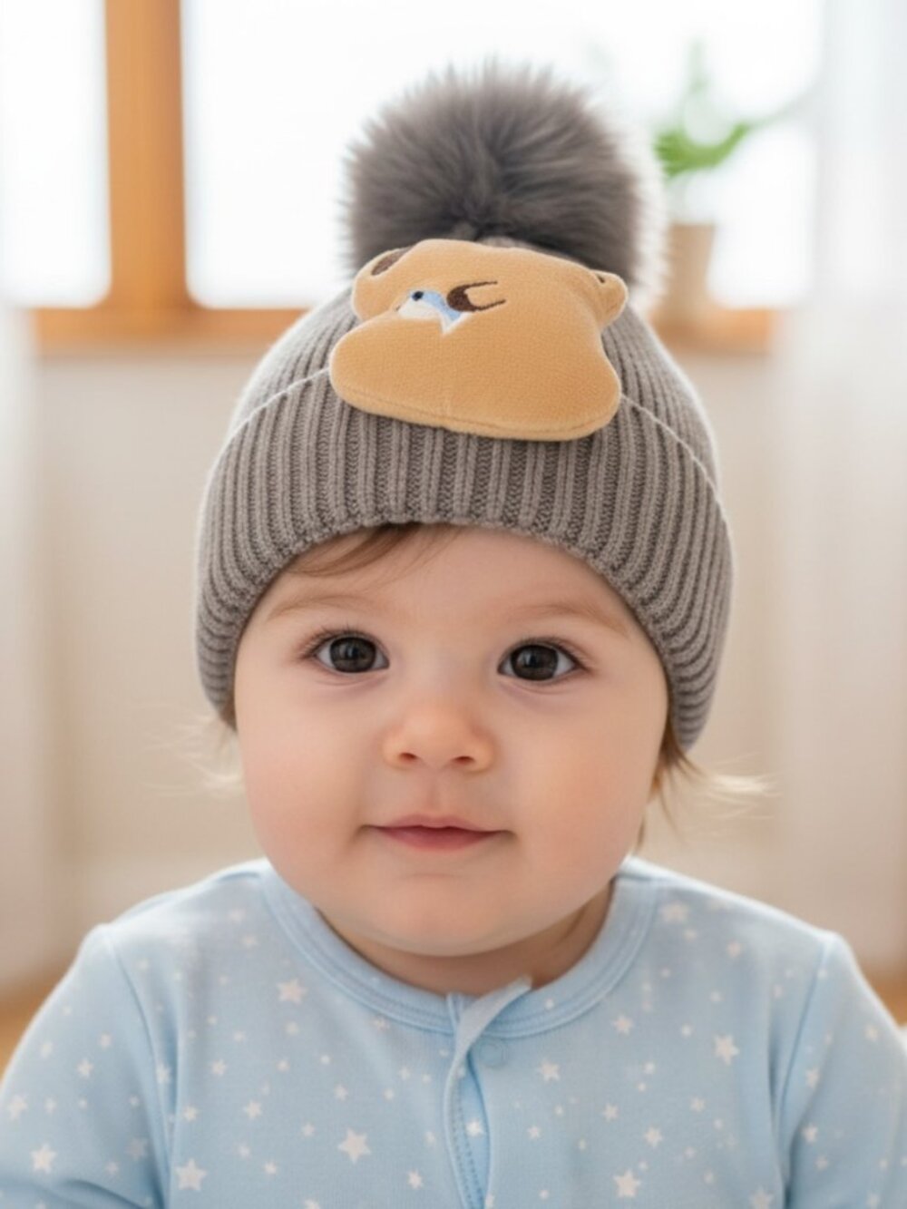 Kids Taupe Grey Ribbed Knit Beanie Hat Plush Capybara Patch & Faux Fur Pom Pom
